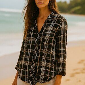 Trina Turk Black Brown White Abstract Plaid Silk Blouse Top 0